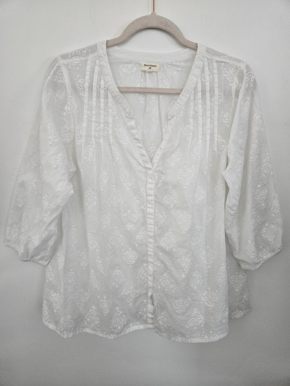 World Market 100% Cotton white semi-sheer peasant blouse. Size S/M.